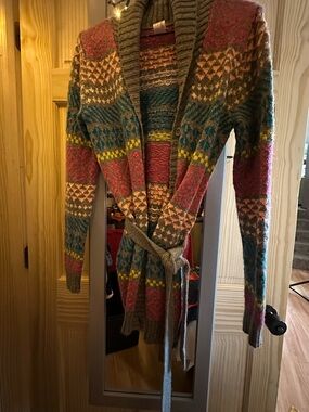 Target Multicolor Fair Isle Shawl Collar Belted Cardigan - Olive, Pink, Teal
